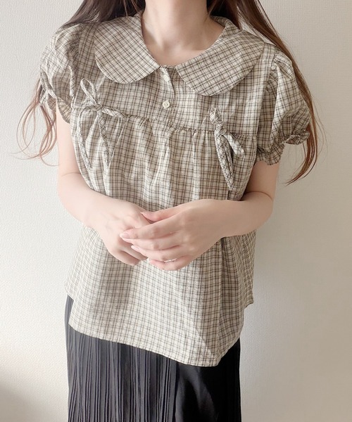 Nana(ナナ)の「ビッグカラーチェックリボンブラウス(シャツ/ブラウス・レディース・グレー/チャコールグレー/カーキ・FREE)」の15枚目の写真