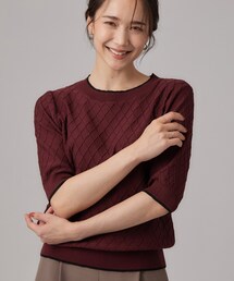 SHOO・LA・RUE | 【毛玉になりにくい/S-LL/洗濯機可】すっきり二の腕カバー ダイヤ柄5分袖配色ニット(ニット/セーター)