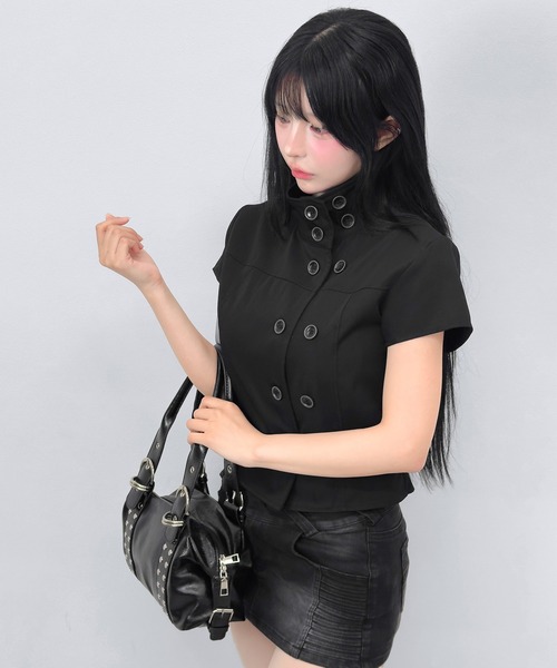 FOLLOWIN(フォロウィン)の「ダブルボタンショートジャケットブラウス(シャツ/ブラウス・レディース・ベージュ/ブラック・FREE)」の4枚目の写真