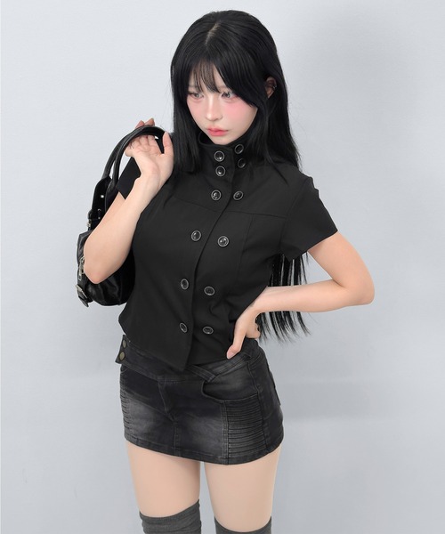 FOLLOWIN(フォロウィン)の「ダブルボタンショートジャケットブラウス(シャツ/ブラウス・レディース・ベージュ/ブラック・FREE)」の5枚目の写真