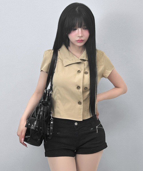 FOLLOWIN(フォロウィン)の「ダブルボタンショートジャケットブラウス(シャツ/ブラウス・レディース・ベージュ/ブラック・FREE)」の18枚目の写真