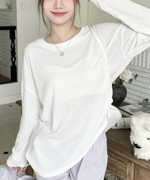 2ly2（トゥーリートゥー）の「シアー長袖プルオーバー / シアートップス クルーネック ロングスリーブ（Tシャツ/カットソー・レディース・ホワイト/ブラック/ピンク・FREE）」の2枚目の写真