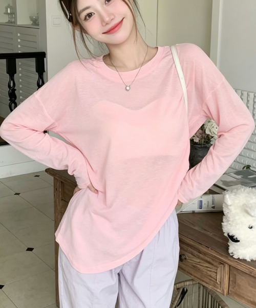 2ly2（トゥーリートゥー）の「シアー長袖プルオーバー / シアートップス クルーネック ロングスリーブ（Tシャツ/カットソー・レディース・ホワイト/ブラック/ピンク・FREE）」の7枚目の写真