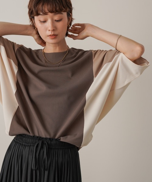 Bou Jeloud(ブージュルード)の「異素材配色ドルマンプルオーバー(Tシャツ/カットソー・レディース・ブラック/モカ・FREE)」の15枚目の写真