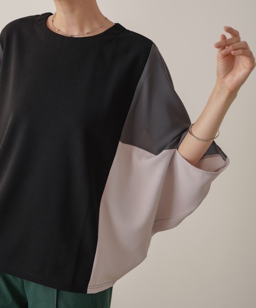 Bou Jeloud(ブージュルード)の「異素材配色ドルマンプルオーバー(Tシャツ/カットソー・レディース・ブラック/モカ・FREE)」の3枚目の写真