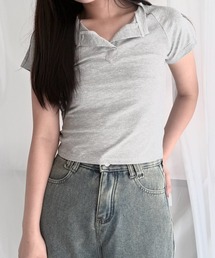キーネック リブ ショート丈半袖Tシャツ