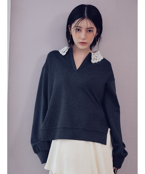 FRAY I.D(フレイアイディー)の「【ウォッシャブル】レースカラーポンチスウェットプルオーバー(Tシャツ/カットソー・レディース・イエロー/ピンク/アイボリー/チャコールグレー・F)」の1枚目の写真
