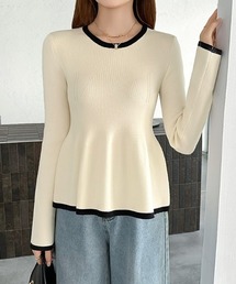 配色ペプラムニット ペプラムトップス ニット 長袖 ペプラムニット フレア トップス バイカラーニット メリハリ ペプラム 配色 春服 冬服