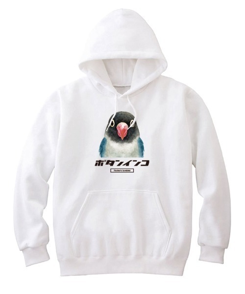 Moftique(モフティック)の「Moftique(モフティック) プルパーカー スウェット 裏毛 ボタンインコ 鳥 ペット アニマル プリント トップス メンズ ユニセックス(パーカー・メンズ・ホワイト/ブラック/ヘザーグレー・M/L/XL)」の2枚目の写真