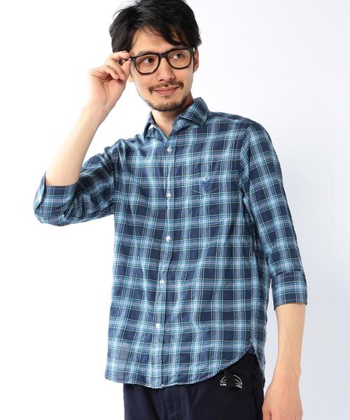 coen（コーエン）の「シャーリングチェック七分袖シャツ（シャツ/ブラウス・メンズ・レッド/ネイビー・SMALL/X-SMALL/MEDIUM/X-LARGE/LARGE）」の2枚目の写真