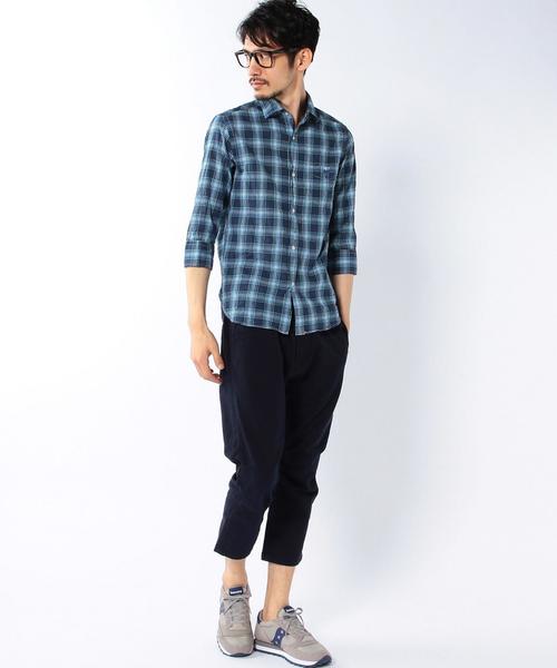 coen（コーエン）の「シャーリングチェック七分袖シャツ（シャツ/ブラウス・メンズ・レッド/ネイビー・SMALL/X-SMALL/MEDIUM/X-LARGE/LARGE）」の4枚目の写真