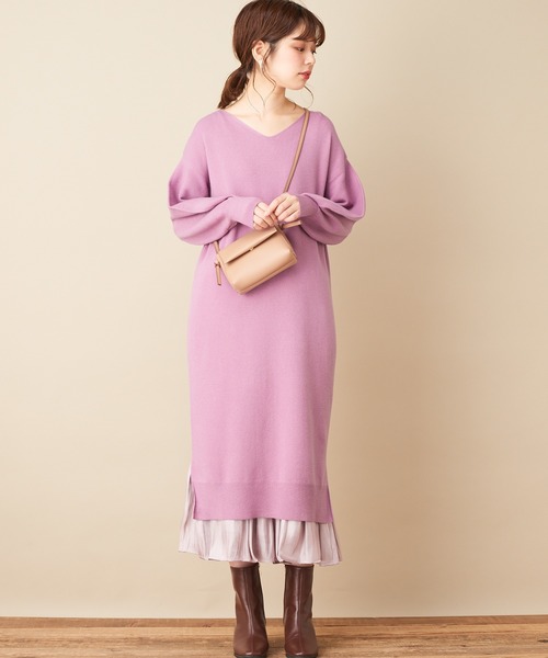 natural couture（ナチュラルクチュール）の「【WEB限定カラー有り】ベルト2本付きバルーン袖ニットワンピース（ワンピース・レディース・ブラック/パープル/ブラウン/サックスブルー/モカ/ラベンダー/オリーブ・FREE）」の7枚目の写真