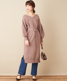 natural couture | 【WEB限定カラー有り】ベルト2本付きバルーン袖ニットワンピース(ワンピース)