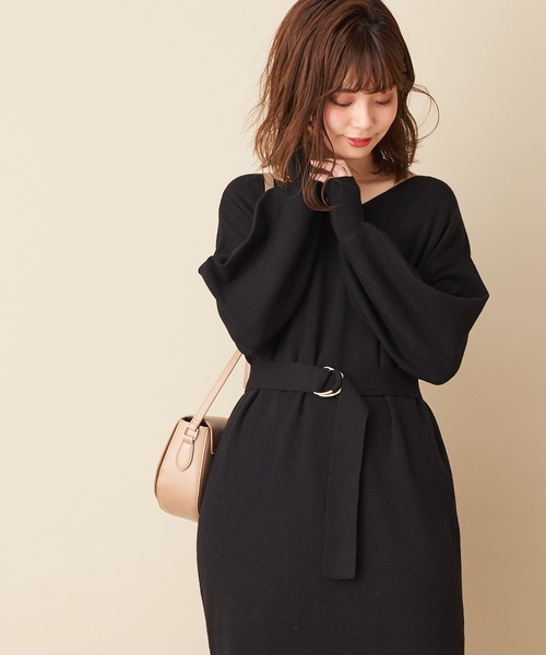 natural couture（ナチュラルクチュール）の「【WEB限定カラー有り】ベルト2本付きバルーン袖ニットワンピース（ワンピース・レディース・ブラック/パープル/ブラウン/サックスブルー/モカ/ラベンダー/オリーブ・FREE）」の15枚目の写真