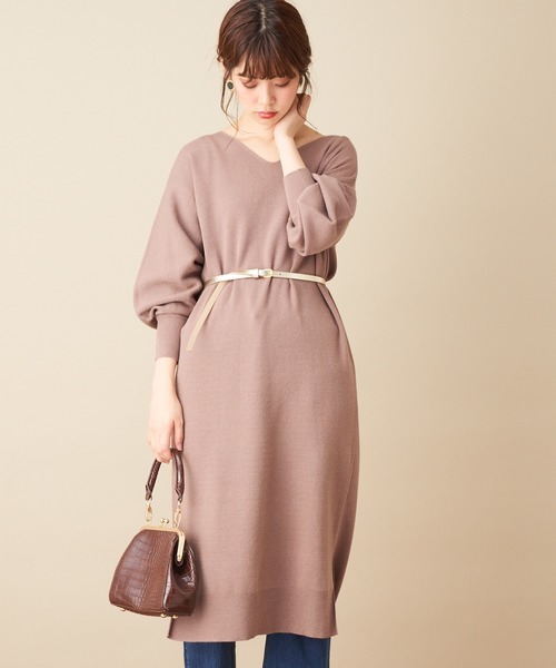 natural couture（ナチュラルクチュール）の「【WEB限定カラー有り】ベルト2本付きバルーン袖ニットワンピース（ワンピース・レディース・ブラック/パープル/ブラウン/サックスブルー/モカ/ラベンダー/オリーブ・FREE）」の10枚目の写真