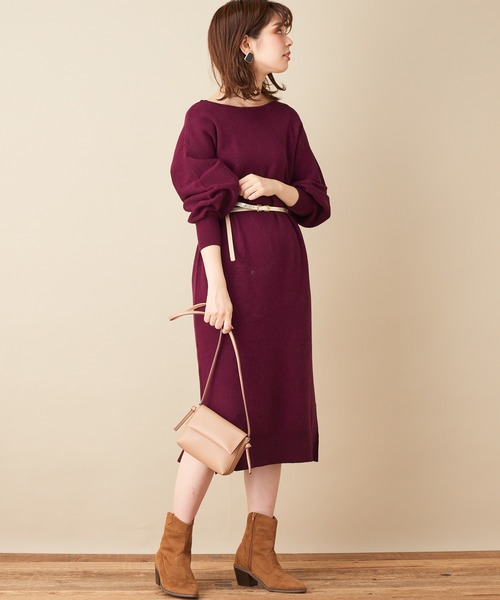 natural couture（ナチュラルクチュール）の「【WEB限定カラー有り】ベルト2本付きバルーン袖ニットワンピース（ワンピース・レディース・ブラック/パープル/ブラウン/サックスブルー/モカ/ラベンダー/オリーブ・FREE）」の18枚目の写真