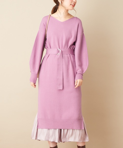 natural couture（ナチュラルクチュール）の「【WEB限定カラー有り】ベルト2本付きバルーン袖ニットワンピース（ワンピース・レディース・ブラック/パープル/ブラウン/サックスブルー/モカ/ラベンダー/オリーブ・FREE）」の12枚目の写真