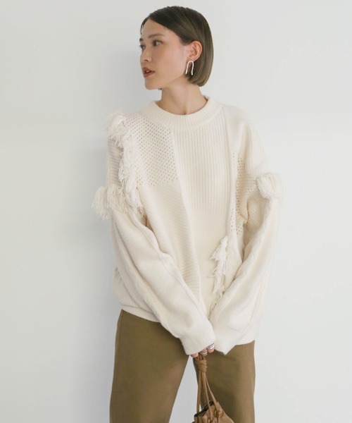 select MOCA(セレクトモカ)の「ランダムフリンジニット(ニット/セーター・レディース・ブラウン/オフホワイト/ナチュラル・FREE)」の7枚目の写真