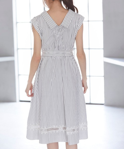クローゼット のファッション ウエストりぼん付き後ろレースアップデザインフラワーラインレース装飾パール釦ストライプワンピース ワンピース ワンピース ドレス Closet トッコ Tocco Closet トッコ Tocco 最新作売れ筋が満載 ワンピース