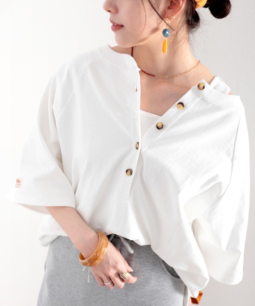 Java（ジャバ）の「《JaVaジャバ コラボ》綿100％　前後２way楽しめる♪ヘンリーラグラントップス（Tシャツ/カットソー・レディース・ホワイト/ブラック/ナチュラル/グレイッシュベージュ・MEDIUM/LARGE/X-LARGE）」の2枚目の写真