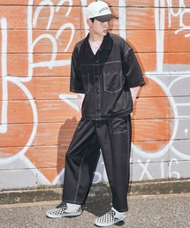 BASQUE magenta | ＜セットアップ＞T/R ストレッチ オーバーサイズ ステッチ 半袖 CPOシャツジャケット＆ベイカーワイドアンクルパンツ -2021 SUMMER-(セットアップ)