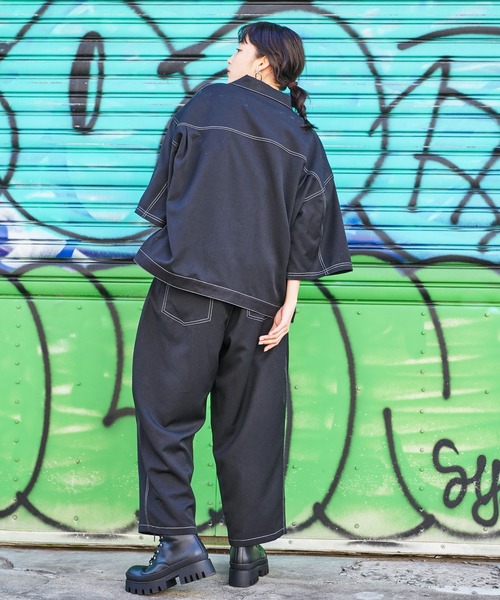 BASQUE magenta(バスクマゼンタ)の「<セットアップ>T/R ストレッチ オーバーサイズ ステッチ CPOシャツジャケット&ベイカーワイドアンクルパンツ(セットアップ・メンズ・ブラック/ライラック/ベージュ系その他/スモークグレー/グリーン/グレイッシュベージュ/グリーン系その他/グレー系その他/ブラック系その他・L/M/LARGE/MEDIUM)」の13枚目の写真