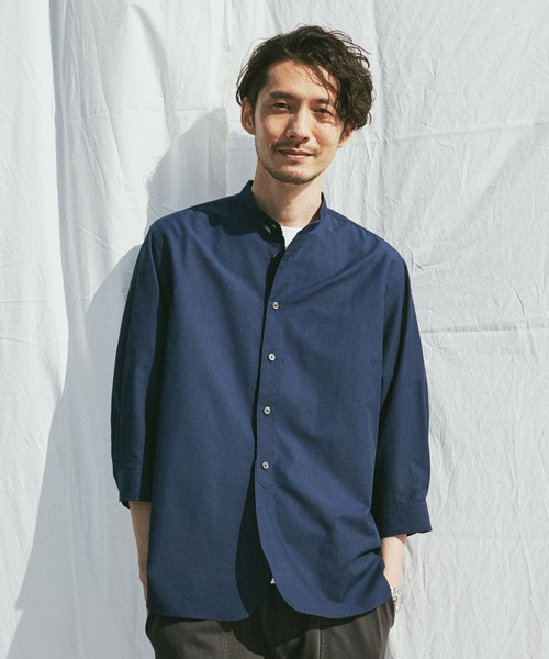 セール ナノユニバース トーマスメイソン シャツ Thomas Mason(トーマスメイソン) / 長袖シャツ/M/--/BLU/ストライプ/668- 【美品】トーマスメイソン　バンドカラー　ネイビー nano・universe