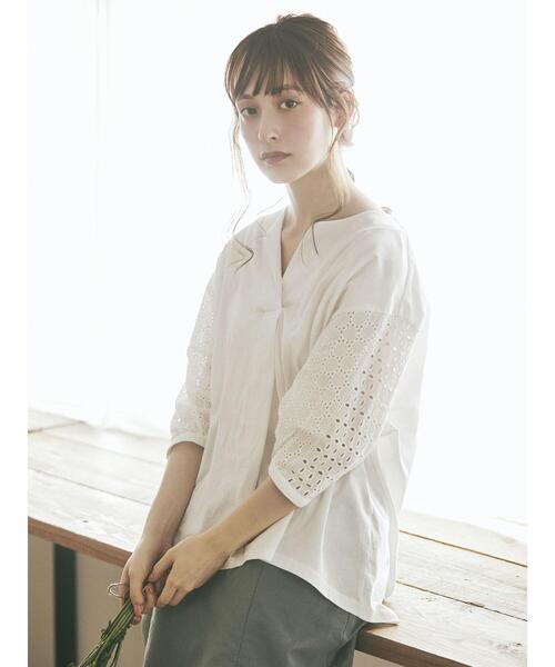 earth music&ecology（アースミュージックアンドエコロジー）の「スリーブアイレットレースカットソー ＊（Tシャツ/カットソー・レディース・ピンクベージュ/イエロー/オフホワイト/ネイビー/ミント・FREE）」の15枚目の写真