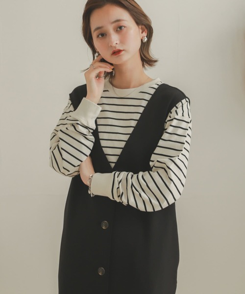 SENSE OF PLACE by URBAN RESEARCH（センスオブプレイスバイアーバンリサーチ）の「Vネックジャンパースカート（ジャンパースカート・レディース・ベージュ/ブラック・ONE）」の3枚目の写真