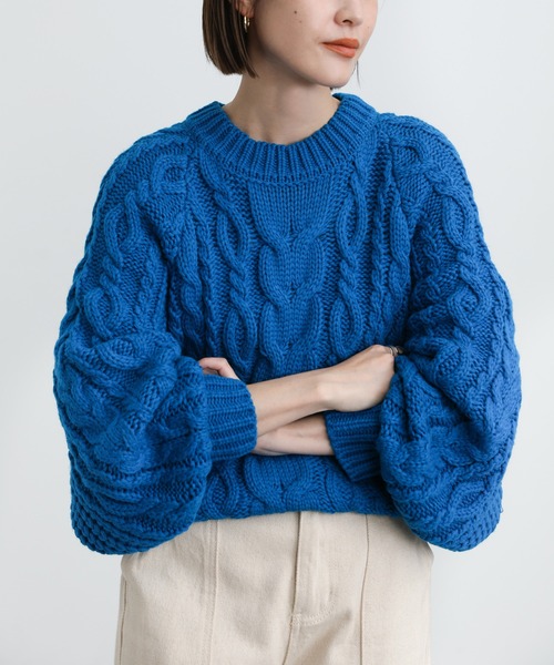 select MOCA（セレクトモカ）の「2021 AW クルーネックケーブルニット（ニット/セーター・レディース・ブルー/グリーン/アイボリー・FREE）」の9枚目の写真