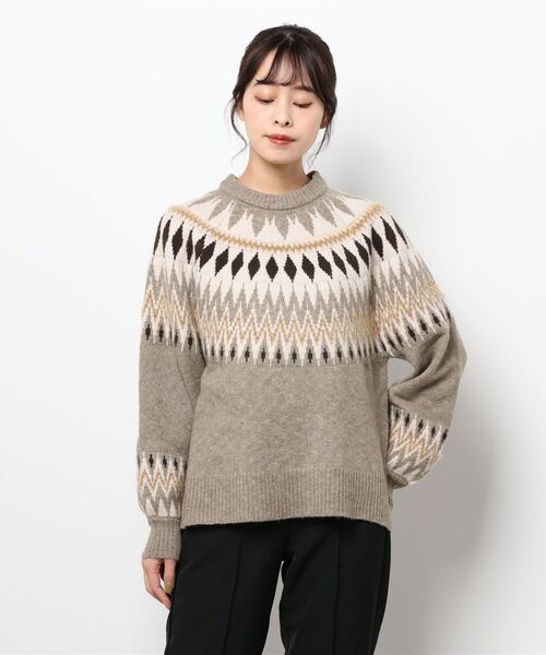 JUGLANS(ユグランス)の「☆ シーズンムード高まる。ノルディック柄ニットプルオーバー(求心柄)(ニット/セーター・レディース・ブラック/オフホワイト/グレー・FREE)」の1枚目の写真