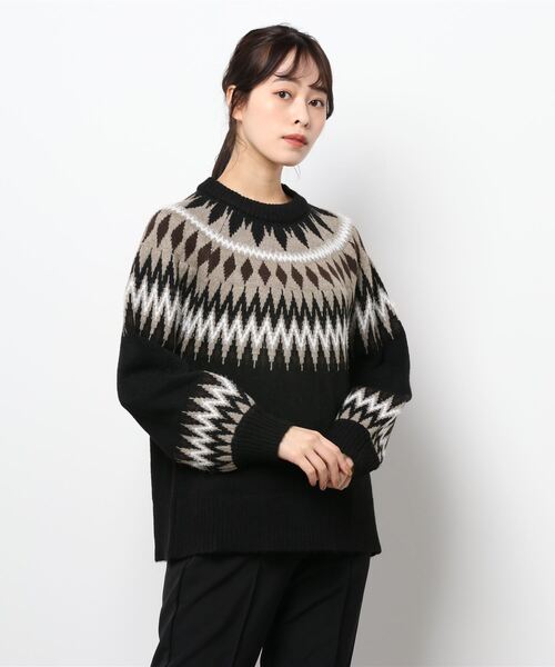 JUGLANS(ユグランス)の「☆ シーズンムード高まる。ノルディック柄ニットプルオーバー(求心柄)(ニット/セーター・レディース・ブラック/オフホワイト/グレー・FREE)」の3枚目の写真