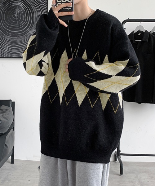 NOWLE(ノウル)の「【NOWLE】アーガイル柄 プルオーバー ニット(ニット/セーター・メンズ・ブラック/ネイビー・MEDIUM/LARGE/X-LARGE/XX-LARGE)」の4枚目の写真