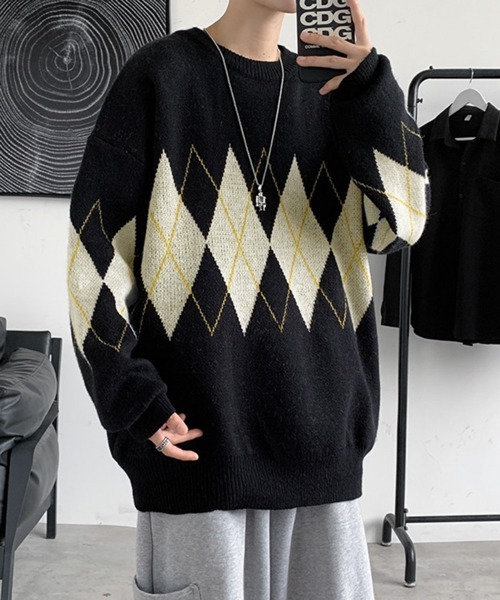 NOWLE(ノウル)の「【NOWLE】アーガイル柄 プルオーバー ニット(ニット/セーター・メンズ・ブラック/ネイビー・MEDIUM/LARGE/X-LARGE/XX-LARGE)」の5枚目の写真