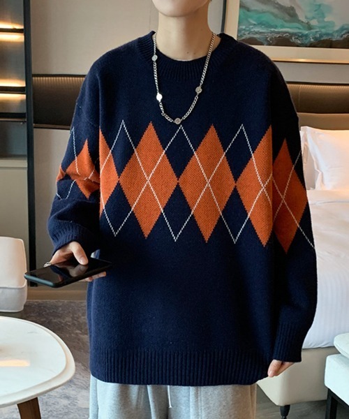 NOWLE(ノウル)の「【NOWLE】アーガイル柄 プルオーバー ニット(ニット/セーター・メンズ・ブラック/ネイビー・MEDIUM/LARGE/X-LARGE/XX-LARGE)」の9枚目の写真