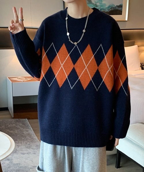 NOWLE(ノウル)の「【NOWLE】アーガイル柄 プルオーバー ニット(ニット/セーター・メンズ・ブラック/ネイビー・MEDIUM/LARGE/X-LARGE/XX-LARGE)」の11枚目の写真