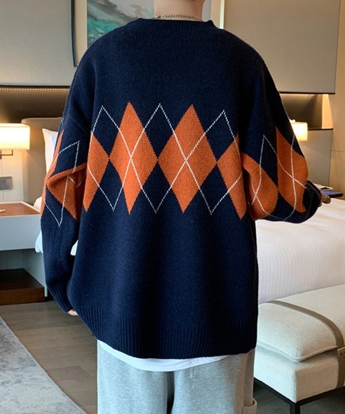 NOWLE(ノウル)の「【NOWLE】アーガイル柄 プルオーバー ニット(ニット/セーター・メンズ・ブラック/ネイビー・MEDIUM/LARGE/X-LARGE/XX-LARGE)」の12枚目の写真