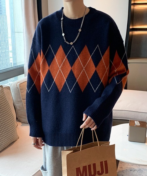 NOWLE(ノウル)の「【NOWLE】アーガイル柄 プルオーバー ニット(ニット/セーター・メンズ・ブラック/ネイビー・MEDIUM/LARGE/X-LARGE/XX-LARGE)」の13枚目の写真
