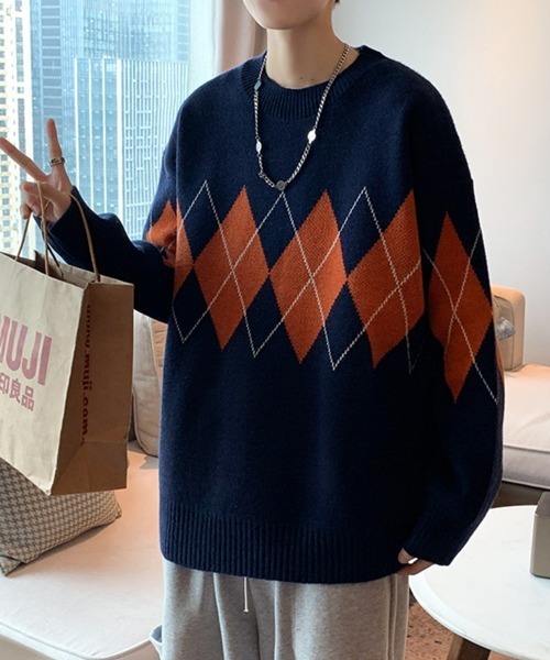 NOWLE(ノウル)の「【NOWLE】アーガイル柄 プルオーバー ニット(ニット/セーター・メンズ・ブラック/ネイビー・MEDIUM/LARGE/X-LARGE/XX-LARGE)」の14枚目の写真