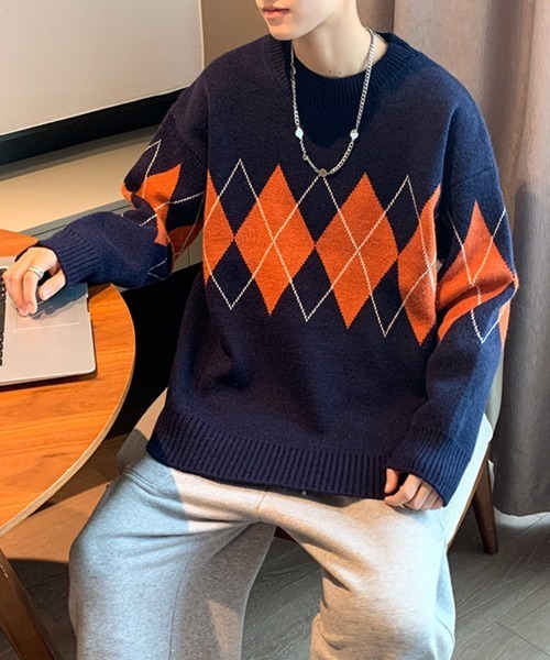 NOWLE(ノウル)の「【NOWLE】アーガイル柄 プルオーバー ニット(ニット/セーター・メンズ・ブラック/ネイビー・MEDIUM/LARGE/X-LARGE/XX-LARGE)」の15枚目の写真