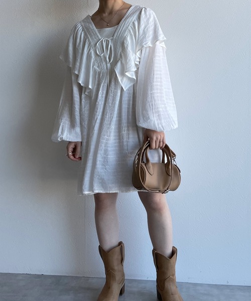 w closet(ダブルクローゼット)の「リボンフリルチュニック(シャツ/ブラウス・レディース・オフホワイト/ライム/イエロー・FREE)」の12枚目の写真