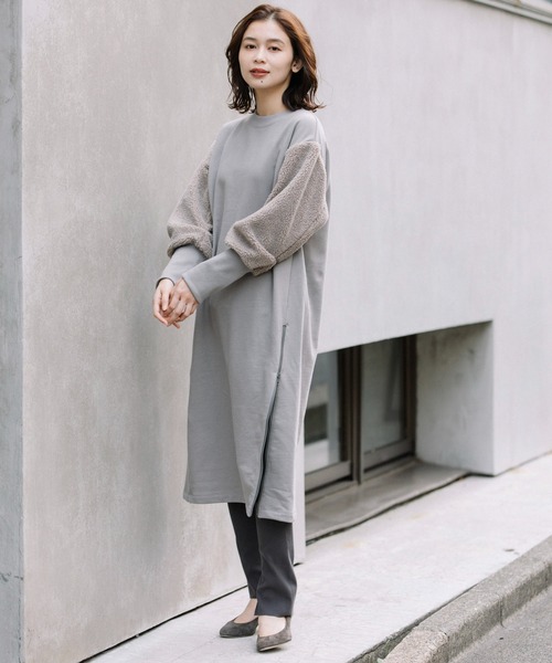 Munich（ミューニック）の「裏毛×シープボアパフスリーブワンピース（ワンピース・レディース・アイボリー/グレイッシュベージュ/ブラック・FREE）」の3枚目の写真