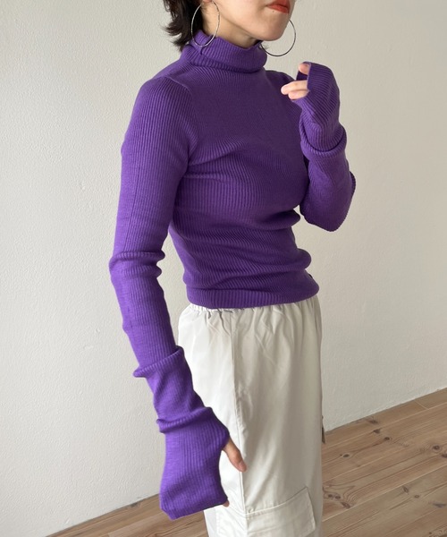 wee9s（ウィークス）の「finger hole rib turtle knit / フィンガーホールリブタートルニット（ニット/セーター・レディース・ホワイト×ブラック/ブラック/グレー/ブルー/パープル/オレンジ/グリーン/ホワイト/ピンク・FREE）」の11枚目の写真