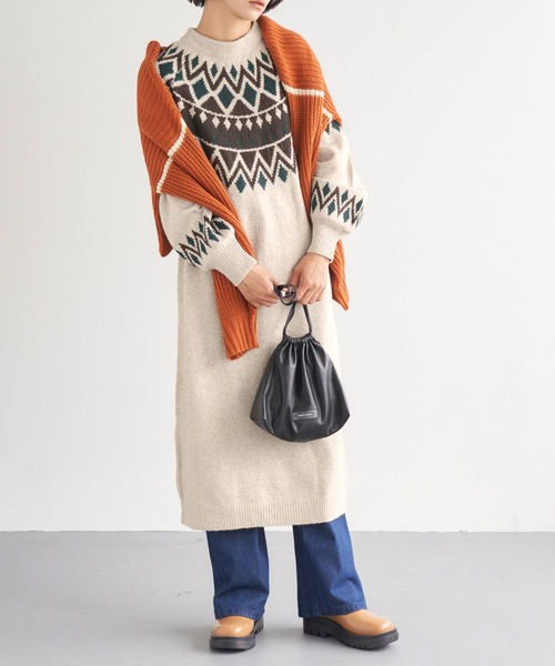 Chaco closet（チャコ クローゼット）の「求心ジャガードニットワンピース（ワンピース・レディース・アイボリー/ブラック・FREE）」の8枚目の写真