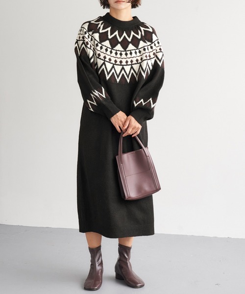 Chaco closet（チャコ クローゼット）の「求心ジャガードニットワンピース（ワンピース・レディース・アイボリー/ブラック・FREE）」の11枚目の写真