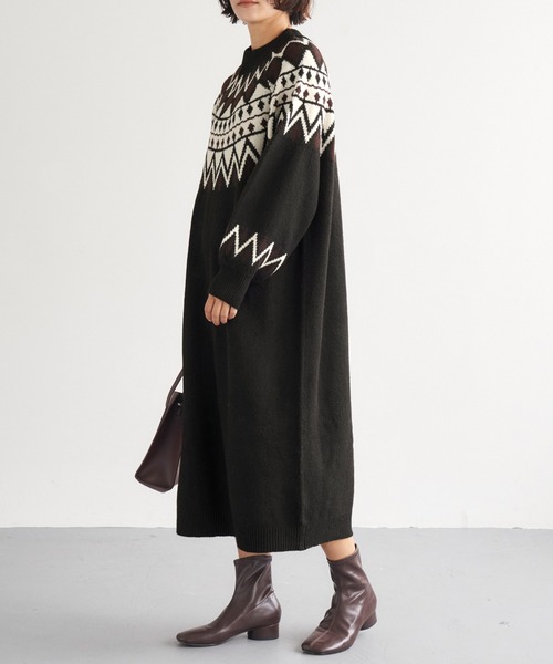 Chaco closet（チャコ クローゼット）の「求心ジャガードニットワンピース（ワンピース・レディース・アイボリー/ブラック・FREE）」の12枚目の写真