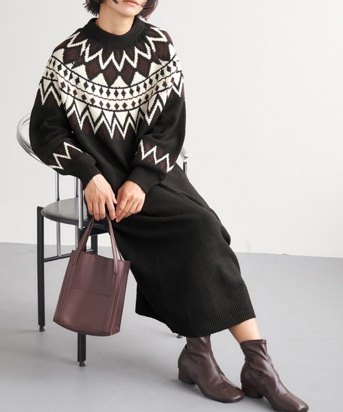 Chaco closet（チャコ クローゼット）の「求心ジャガードニットワンピース（ワンピース・レディース・アイボリー/ブラック・FREE）」の13枚目の写真