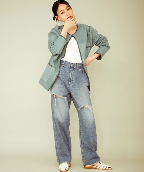 新品☆ ジョンブル ワークスレンダーデニムパンツ W76cm ストレート 藍