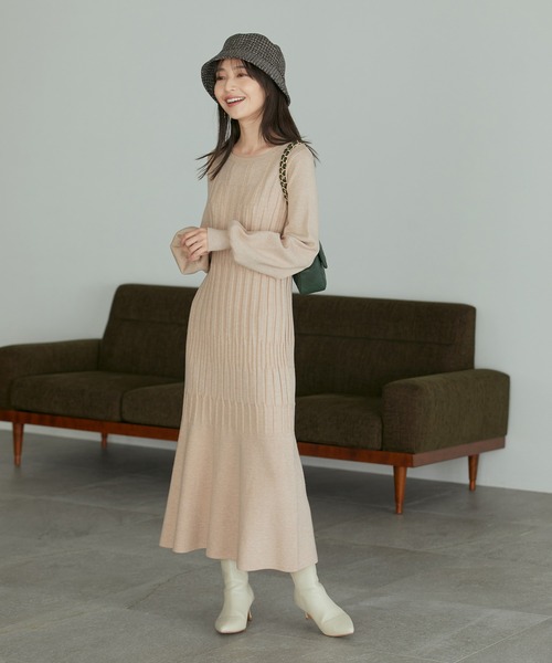 【洗える】ランダムリブマーメイドニットワンピース