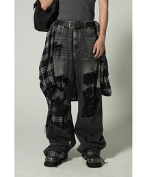 ワイドシルエットダメージ×チェック柄加工デニムパンツ NZK6116【MASONPRINCE】